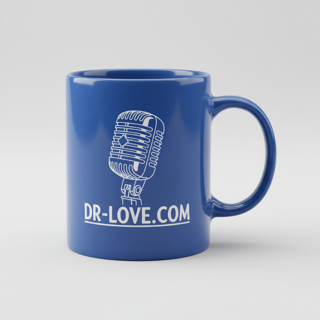 Blue DR-LOVE.COM coffee mug with vintage microphone design