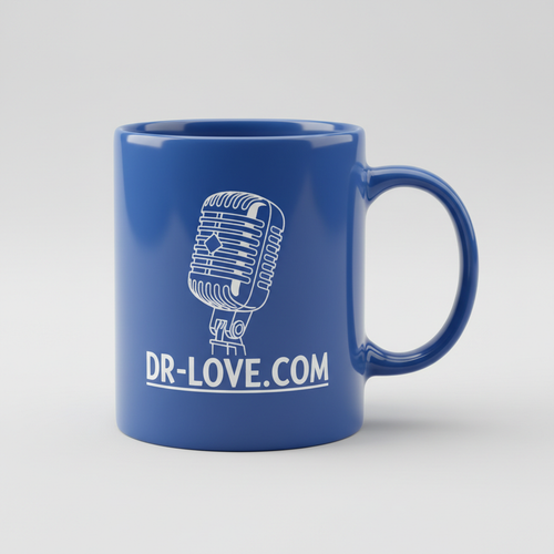 Blue DR-LOVE.COM coffee mug with vintage microphone design