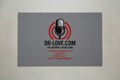 Gray DR-LOVE.COM welcome mat with vintage microphone logo
