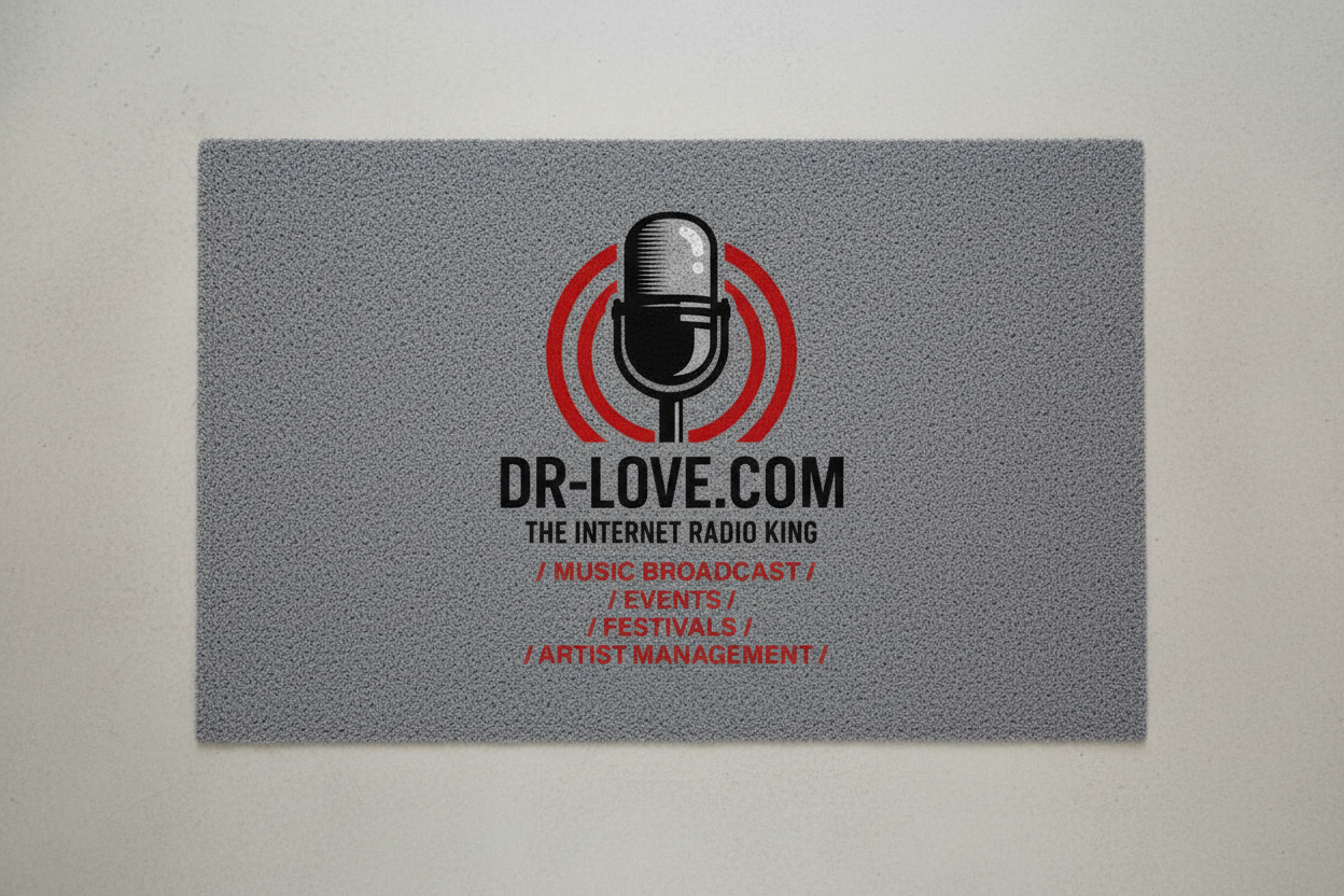 Gray DR-LOVE.COM welcome mat with vintage microphone logo