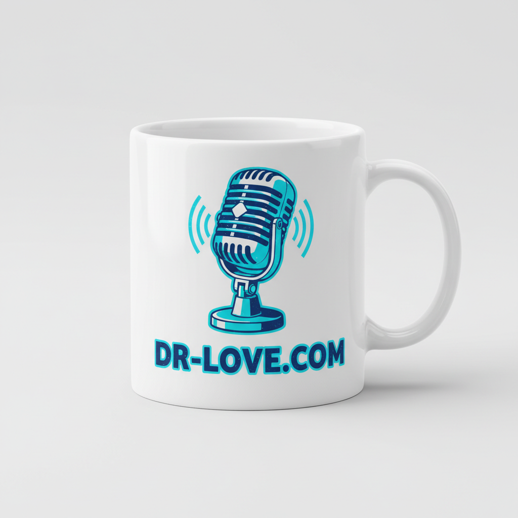 White DR-LOVE.COM coffee mug with vintage microphone design