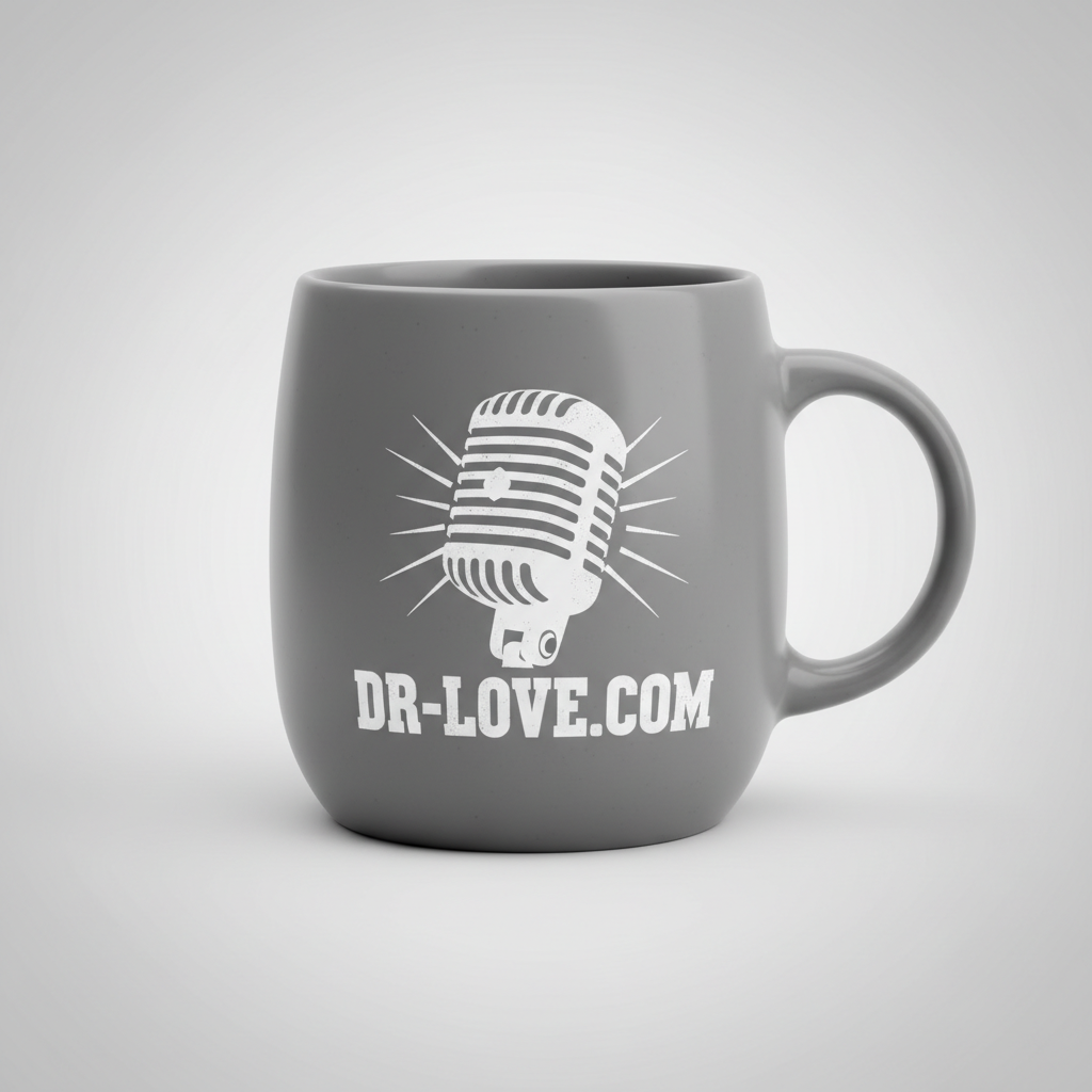 Gray DR-LOVE.COM coffee mug with vintage microphone design