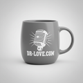 Gray DR-LOVE.COM coffee mug with vintage microphone design