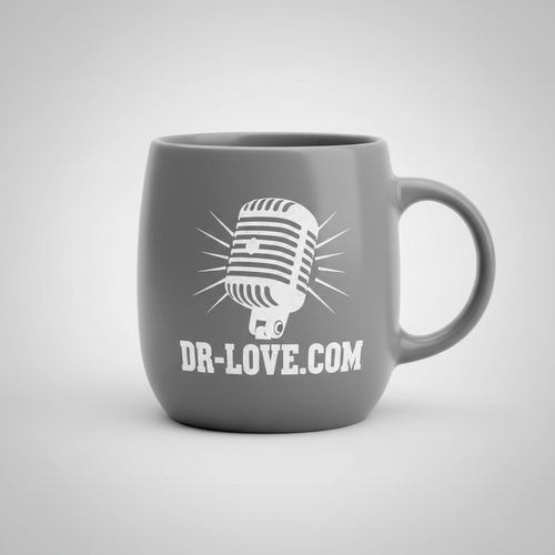 Gray DR-LOVE.COM coffee mug with vintage microphone design