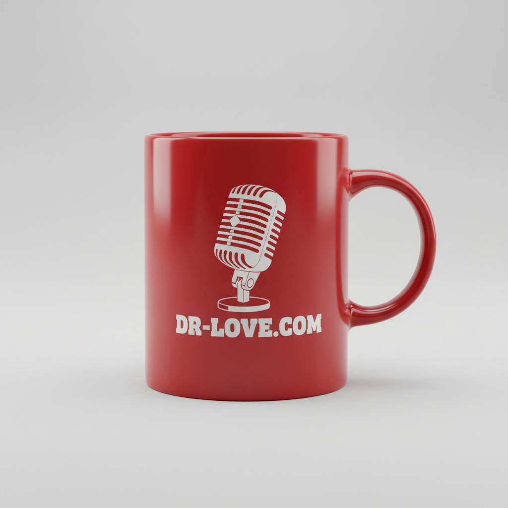 Red DR-LOVE.COM coffee mug with vintage microphone design